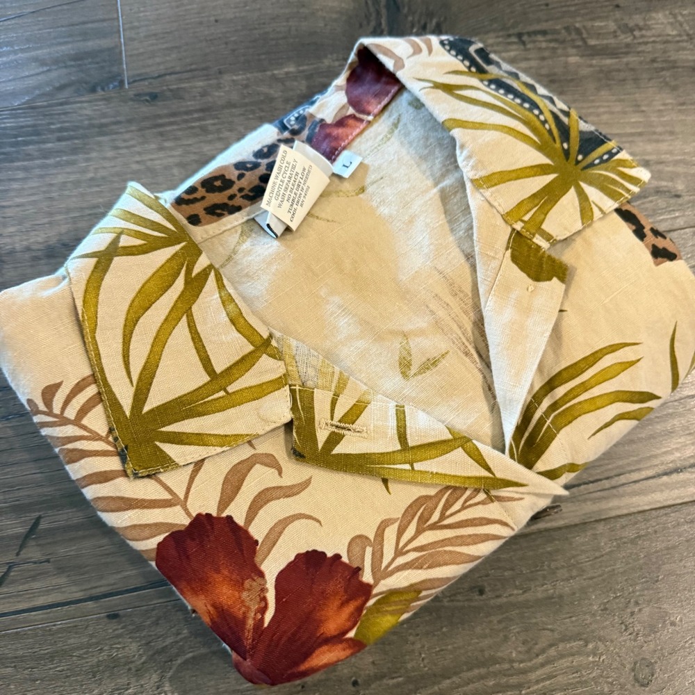 Hot Cotton by Marc Ware Linen Blend Tropical Floral Leopard Print Shirt Large